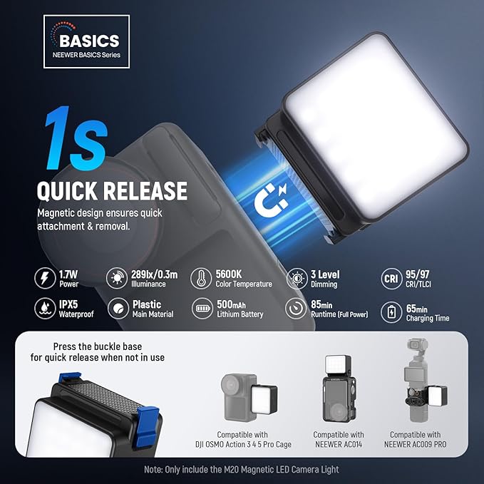 NEEWER Basics M20 Magnetic LED Camera Light Compatible with DJI OSMO Nano Action 3 4 5 Pro Cage NEEWER AC009 PRO Pocket 3 Accessories Expansion Adapter, Plastic Mini Fill Light Attachment 5600K CRI95+