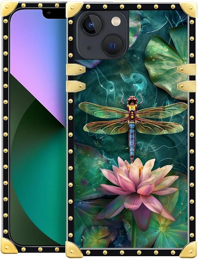 Compatible with iPhone 13 Case, Colourful Dragonfly Pink Lily Pads Luxury Golden Decoration for Girl Women Soft TPU Shockproof Protective Hard PC Back for iPhone 13
