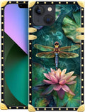 Compatible with iPhone 13 Case, Colourful Dragonfly Pink Lily Pads Luxury Golden Decoration for Girl Women Soft TPU Shockproof Protective Hard PC Back for iPhone 13