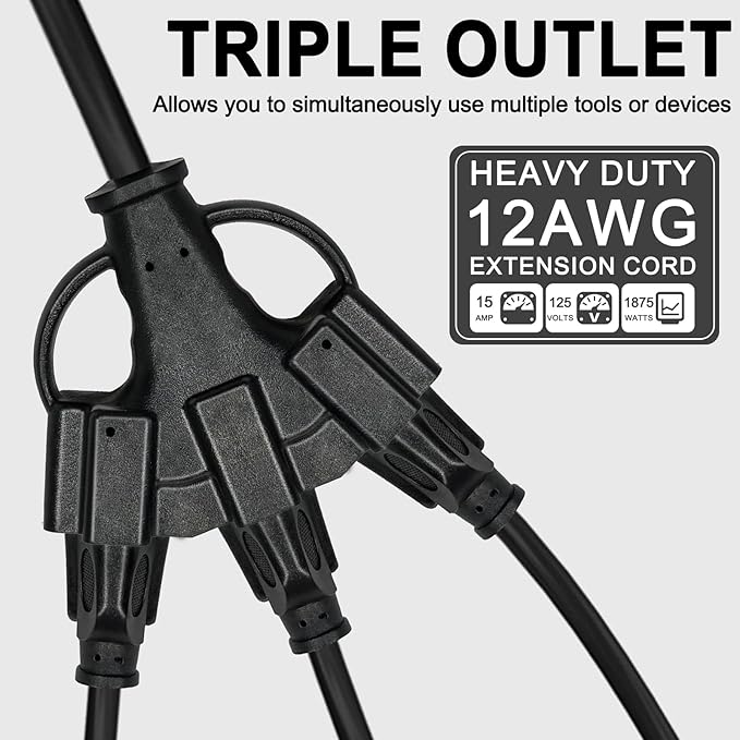 15FT 12/3 Outdoor Extension Cord with Multiple Outlets 12 Gauge 3 Outlet Heavy Duty Power Cord Splitter Flexible 3 Way Power Cable Waterproof 12AWG 15A 1875W SJTW,ETL Listed