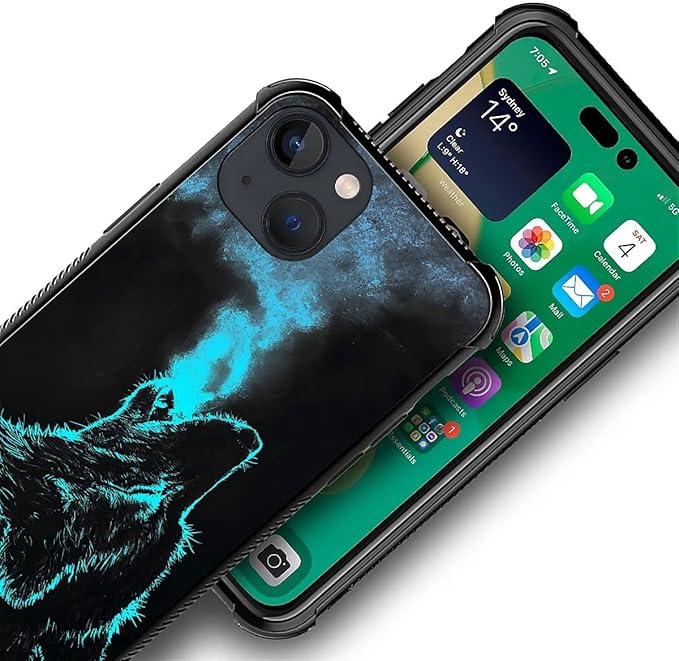 for iPhone 14 Plus Case, Blue Breathing Wolf Pattern Graphic Design Girl Boy Soft Silicone Hard Acrylic Shock Protection for iPhone 14 Plus