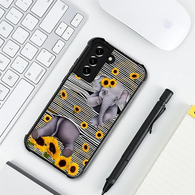 for Samsung Galaxy S22 Plus Case, Cute Little Elephant Sunflower White Line Art Pattern Graphic Design Soft Silicone Hard Acrylic Shock Protection for Samsung Galaxy S22 Plus