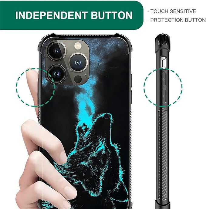 for iPhone 14 Pro Case, Blue Breathing Wolf Pattern Graphic Design Girl Boy Soft Silicone Hard Acrylic Shock Protection for iPhone 14 Pro
