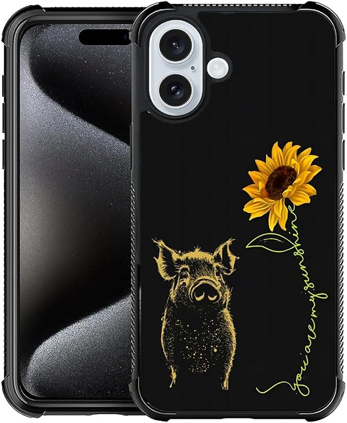 for iPhone 16 Plus Case, Pig Sunflower Yellow Sunshine Pattern Graphic Design Girl Boy Soft Silicone Hard Acrylic Shock Protection for iPhone 16 Plus