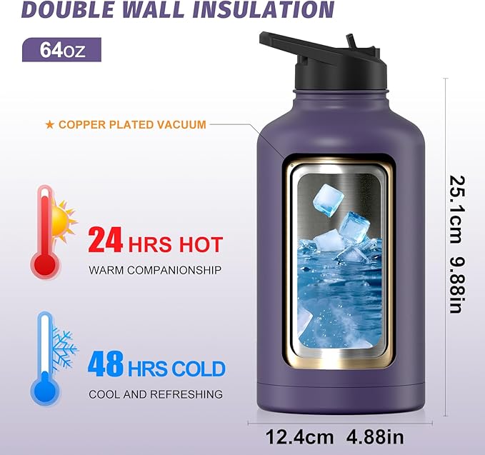 64oz Insulated Water Bottle (Cold for 48 Hrs),BPA Free&Leak Proof,Half Gallon Stainless Steel Water Flask,Water Jug with Straw Spout Lids for Gym,Hiking,Camping,Purple