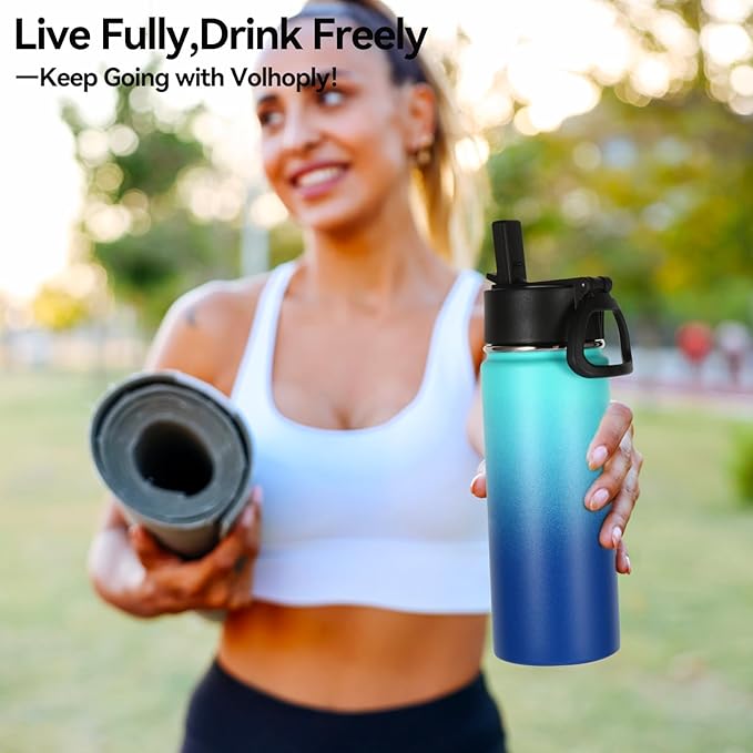 Volhoply 18oz Insulated Water Bottle Bulk 4 Pack,Kids Stainless Steel Water Bottles with Straw Lid,Double Wall Vacuum Metal Cups,Wide Mouth Reusable Sports Flask Keep Hot and Cold(Green Blue,4 Set)