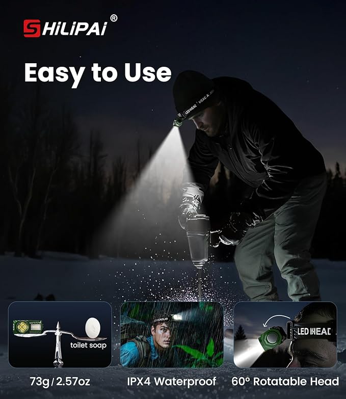 LED Rechargeable Headlamp with Motion Sensor,6 Modes for Camping & Hiking Gear Essentials, Mini Headlight Flashlight with Red Light, Perfect Pocket Gift for Friends and Family(Green)