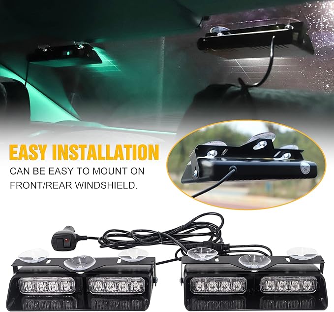 XRIDONSEN 2 in 1 Green White Dash Emergency Strobe Lights Interior Windshield Warning Safety Flashing Lights w/Suction Cups for Construction Vehicles, Truck (2×7.16 inch, 16 LED)