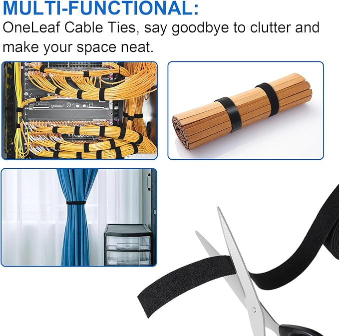 OneLeaf 46ft x 1/2inch Fastening Cable Ties Roll, Reusable Self-Gripping Strips, Double Sided Hook and Loop Tape Cable Management, Cut to Length Straps, Black Heavy Duty Wire Management