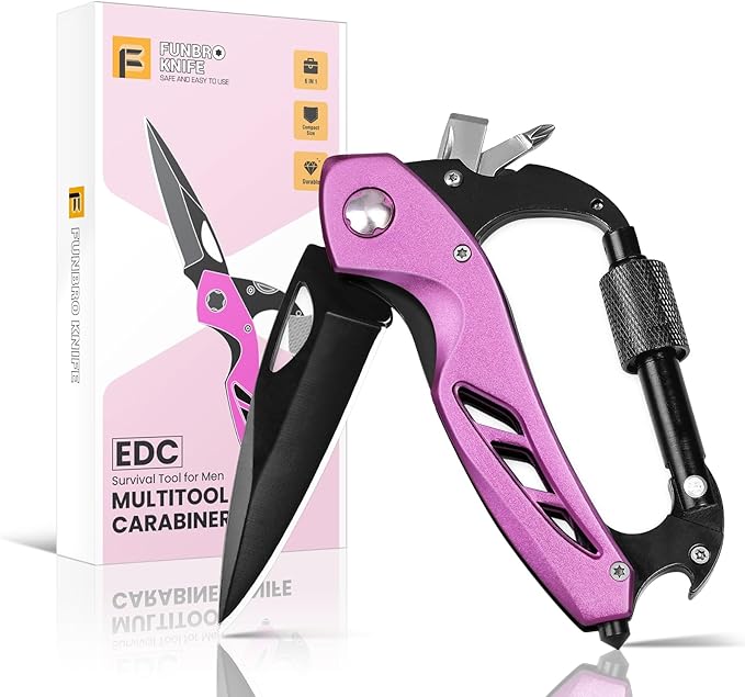 FUNBRO Pink Multitool Carabiner, Stocking Stuffers Gifts for Mom Women Wife, 6-in-1 Keychain Multi Tools with Window Breaker, Bottle Opener and Screwdriver, EDC Gear Gadget for Camping Hiking