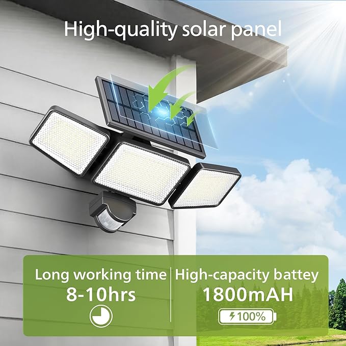 Philips Solar Security Light Outdoor 302 LED 1200lm，Solar-Powered Waterproof Wall-Mounted Flood Light w/PIR Motion Sensor, 3 Heads, IP65 Waterproof, 3 Modes (4 Packs)