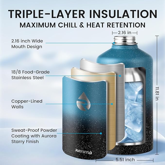 RAYMYLO 128oz Insulated Water Bottle, Triple Wall Vacuum Stainless Steel Water Bottles - Keeps Cold 48H, Reusable One Gallon Jug for Gym, Sports, Camping, Hiking,Travel, Starry Sky-Indigo/Black