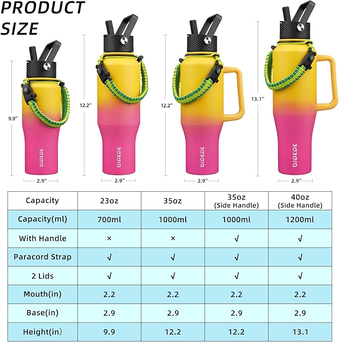 BJPKPK Insulated Water Bottles with Straw Lid, 40oz Metal Water Bottle with 2 lids & Paracord Strap, Double Wall Stainless Steel Tumbler with Handle, Reusable Cups, Mugs, Thermo, Pink & Yellow Rose