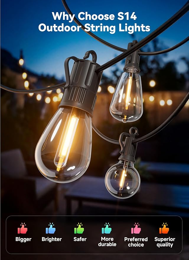 Minetom 31FT Outdoor String LED Patio Lights Waterproof, 9 Shatterproof S14 Vintage Edison Bulbs,Commercial Grade Outside Hanging Lights Waterproof for Porch Deck Garden Backyard Balcony Cafe Bistro