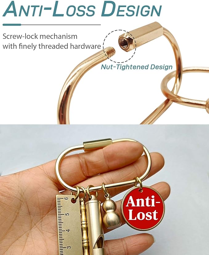 Brass Gold Carabiner Clip for Keys - Loose Leaf Binder Rings, Screw Lock Keychain and Carabiner Clip with Lock for Backpacks, Luggage Tags, Pet Collar Clips and Outdoor Accessories, 10 Packs