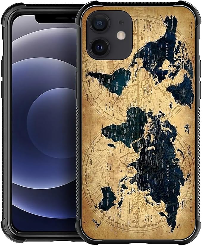 for iPhone 12 Mini Case, Brown World Map Pattern Made of Soft Silicone Hard Acrylic Shock Protection for iPhone 12 Mini