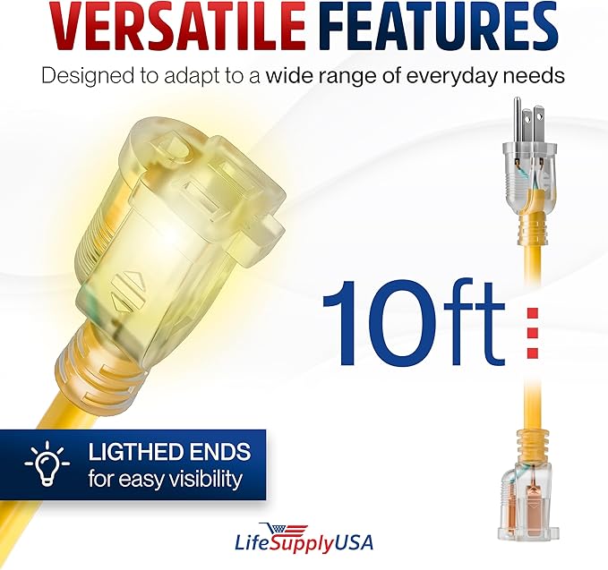 10ft Outdoor/Indoor Extension Cord 16/3 Gauge Heavy Duty 3 Prong SJTW, Waterproof, Flexible Cold-Resistant Long Power Cord,13A 125V 1625W, Yellow by LifeSupplyUSA