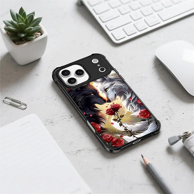 for iPhone 17 Pro Max Case,for MagSafe Graphic Design for Girl Boy Soft Silicone Hard Acrylic Shock Protection Designed for iPhone 17 Pro Max Black White Wolf Moon Flower Rose Pattern