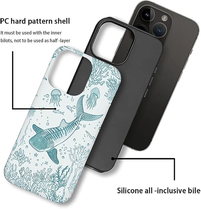 for iPhone 16 Pro Case,HH2 Ocean Whale Shark Hybrid 2 Layer Hard Shell Silicone Protective Pattern Design Case