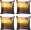 Ambesonne Beach Decorative Throw Pillow Case Pack of 4, Palm Trees in Tropical Island Beach Jumping Fishes and Majestic Sunset Image, Cushion Cover for Couch Living Room Car, 16", Bluegrey Yellow