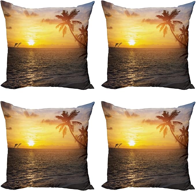 Ambesonne Beach Decorative Throw Pillow Case Pack of 4, Palm Trees in Tropical Island Beach Jumping Fishes and Majestic Sunset Image, Cushion Cover for Couch Living Room Car, 24", Bluegrey Yellow