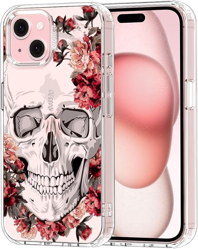 MOSNOVO Case for iPhone 15, [Buffertech 6.6ft Military-Grade Drop Protection] [Anti Peel Off Tech] Clear TPU Bumper Phone Case Cover Design - Red Flower Skull