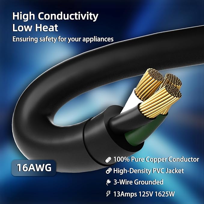 50 FT Outdoor Extension Cord Waterproof, Black, 3-Prong Power Cord, 16 AWG SJTW, 13A 1625W, Grounded, General Purpose Long Extension Cord for Lawn & Garden, ETL Listed