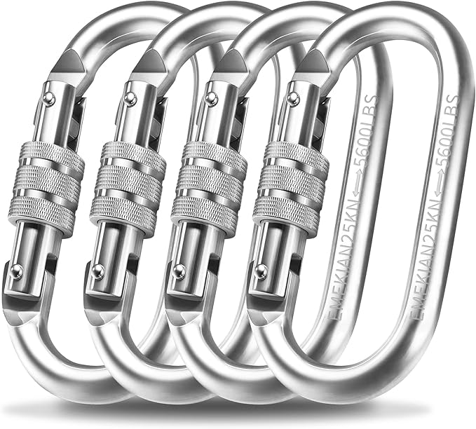 Oval Indoor Outdoor Climbing Carabiner, 25 KN (5600 LBS) Screw Locking Heavy Duty Safety Caribeener Clips for Hammock, Rope, Hiking, Camping