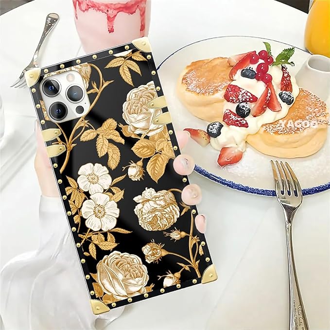 Compatible with iPhone 12 12 Pro Case, Blooming Rose Golden Flower Luxury Golden Decoration for Girl Women Soft TPU Shockproof Protective Hard PC Back for iPhone 12 12 Pro