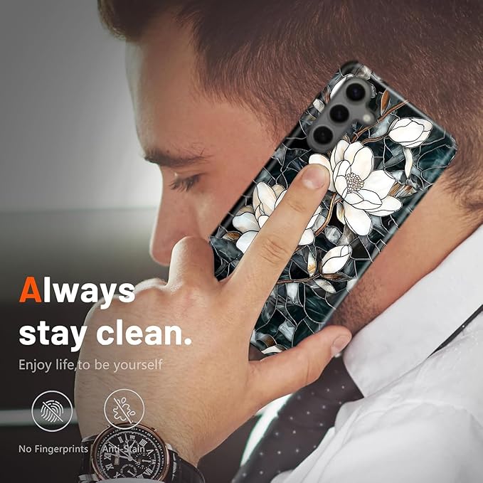Compatible for Samsung Galaxy A36 5G Case, Dual Layer Heavy Duty 2 in 1 Shockproof Protective Phone Case,Stained Glass White Magnolia