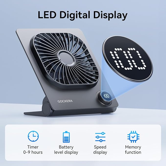 GOCKERA Desk Fan, 6.61''Ultra-thin 5000mAh Battery Powered Fan with Powerful Wind,100 Speeds Adjustable&Digital Display,Timer,Ultra-quiet Small Portable Fan for Bedroom,Office,Travel,Summer Essentials