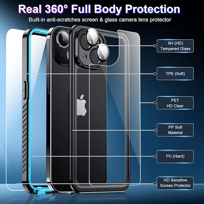 2025 New Designed for iPhone 15 Case Waterproof, [Military Grade Shockproof][Glass Camera Protector & Built-in Screen Protector][IP68 Underwater][Dustproof][Dropproof] Full Phone Case 6.1"