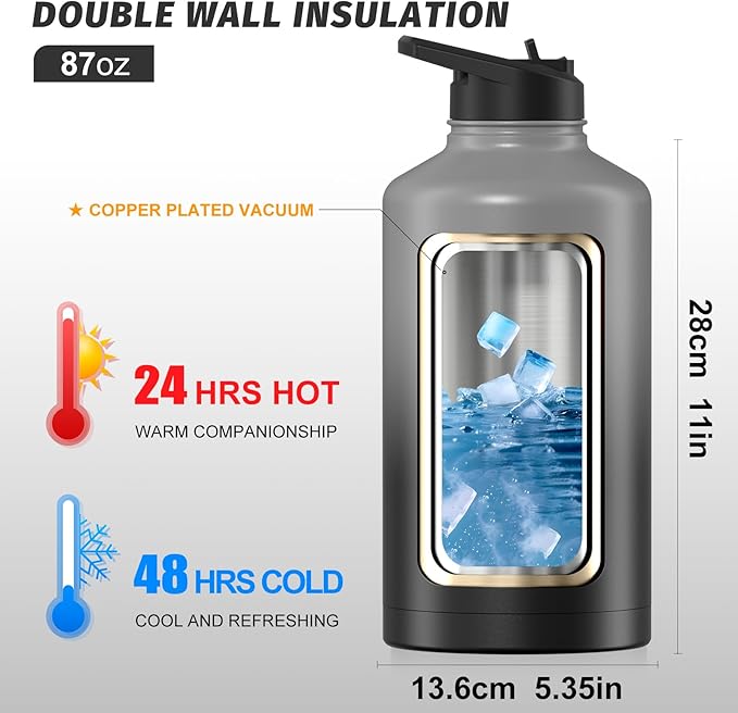 87oz Insulated Water Bottle (Cold for 48 Hrs),BPA Free&Leak Proof,1.5 Gallon Stainless Steel Water Flask,Water Jug with Straw Spout Lids for Gym,Hiking,Camping,Grey Black
