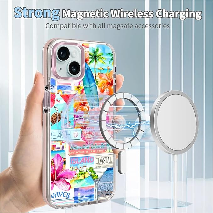 Case for iPhone 13/14,[Compatible with MagSafe],Coastal Beach Cover Coquette Collage Phone Case Design，for Women Girls Magnetic Clear Cover - Slim, Sleek, & Shockproof Protection