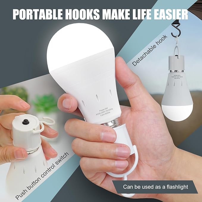 6Pack Rechargeable Emergency Light Bulb, A19 9W Daylight 6000K Self-Charging LED Light Bulb,1200mAh Battery Backup Light Bulbs for Daily,Home Emergency,Outdoor Portable Use