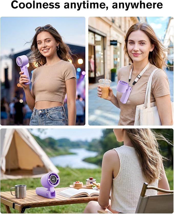 WHATOOK Portable Personal Handheld Fan: High Speed Cooling Fan, 12 Hours Battery Life, USB Rechargeable, Small Essentials for Women Cruise Travel, Beach Vacation (Purple)