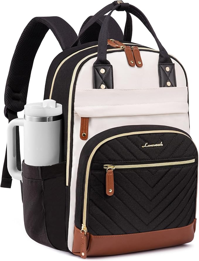 LOVEVOOK Laptop Backpack for Women with Giant Tumbler Holder Pocket,15.6 inch School College Book Bag Nurse Teacher Backpack,Waterproof Work Travel Backpack Purse Laptop Computer Bag,Beige-Black-Brown