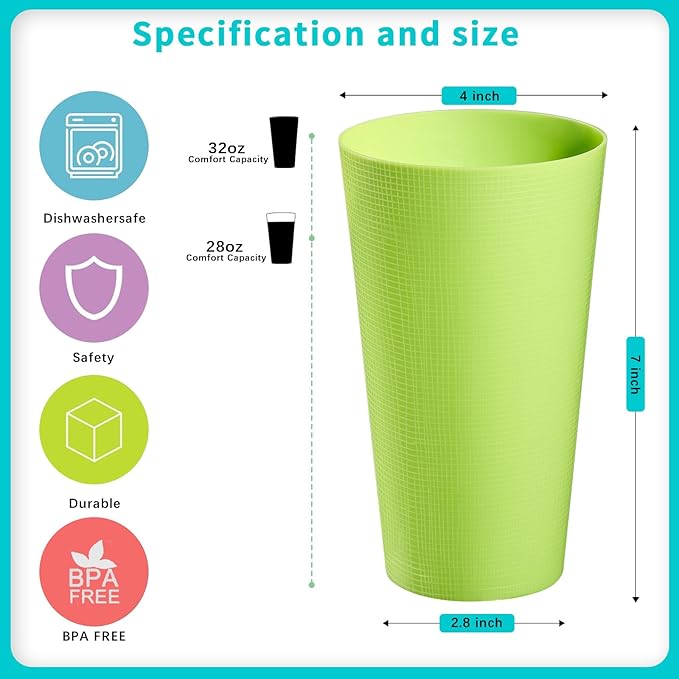 Plastic Cups Large Tumblers 35-ounce Reusable Drinking Glasses set of 8-Multicolor Unbreakable Drinkware, BPA-free, Microwave Safe