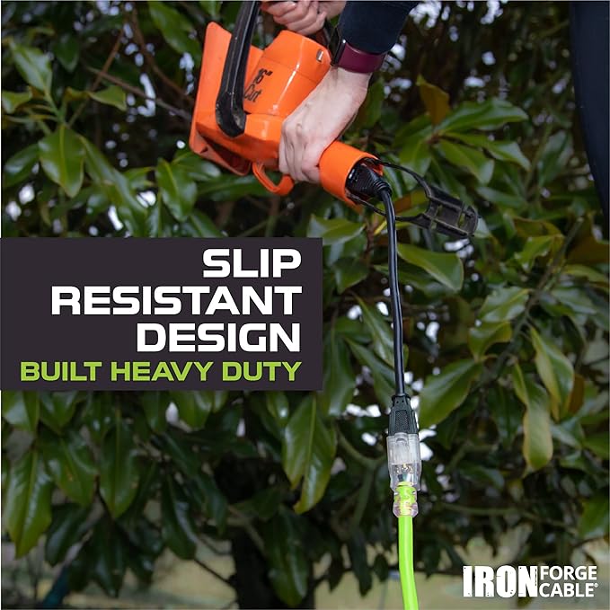 Iron Forge Cable Weatherproof 10 Ft Outdoor Extension Cord Neon Green - 12/3 SJTW 15 Amp Heavy Duty Light Green High Visibility Cable with 3 Prong - Lighted End