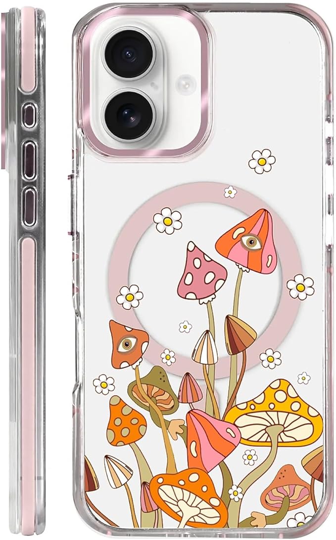 Case for iPhone 16 Plus,[Compatible with MagSafe],Retro Mushroom Sunflower Phone Case Design，for Women Girls Magnetic Clear Cover - Slim, Sleek, & Shockproof Protection