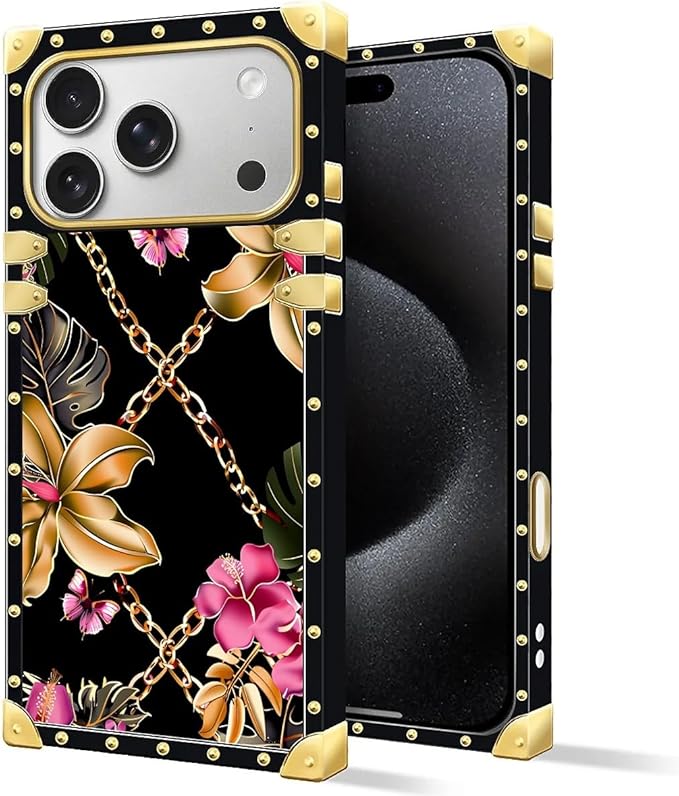 for iPhone 17 Pro Max Case Luxury Golden Decoration for Girl Women Soft TPU Shockproof Protective Hard PC Back for iPhone 17 Pro Max Crazy Pattern Pink Golden Chain Tropical Flower