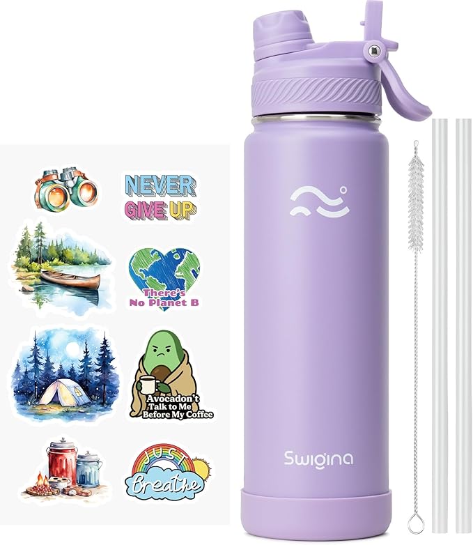 Swigina [2-IN-1 LID] Insulated Water Bottle with Silicone Boot (36hrs Cold/18hrs Hot) - DIY Stickers, Leakproof, BPA Free, 24 oz
