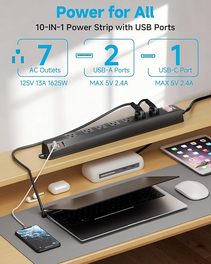 Outdoor Power Strip Weatherproof IPX6,1625W/13A 10 Ft Extension Cord with Multiple Outlets,7 AC & 3 USB, Wall Mount for Camping,Poolside,Garden,Workshop