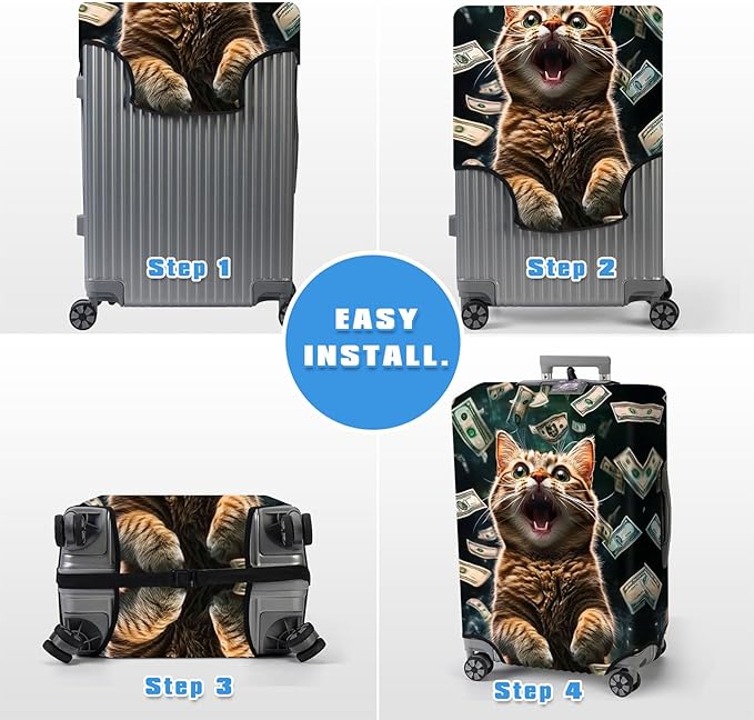 Luggage Cover Protector for 22-24 Inch Suitcases, TSA Approved Elastic Travel Suitcase Covers, Anti-Scratch Washable Luggage Sleeve for Carry On & Checked Bags, Excited Cat