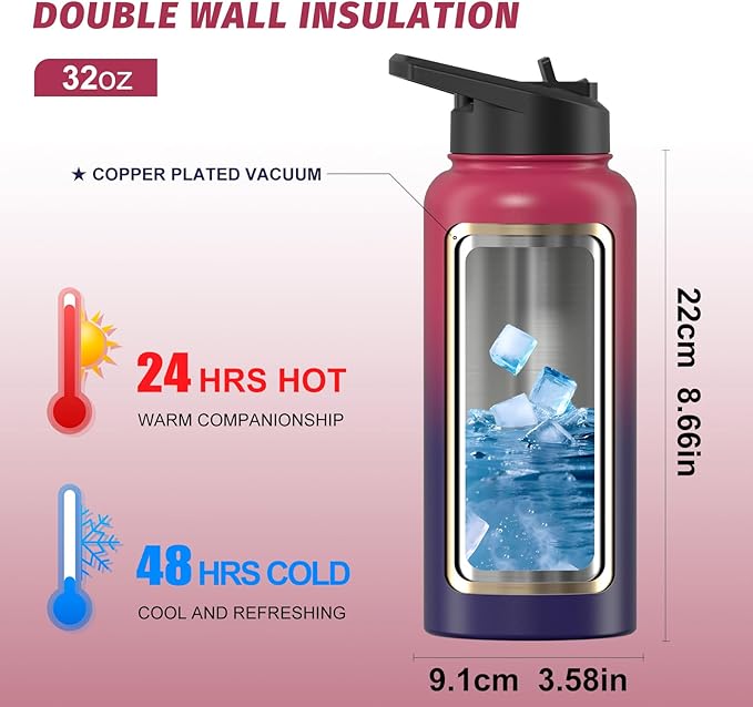 32oz Insulated Water Bottle (Cold for 48 Hrs),BPA Free&Leak Proof,Stainless Steel Water Flask,Water Jug with Straw Spout Lids for Gym,Hiking,Travel,Red Purple