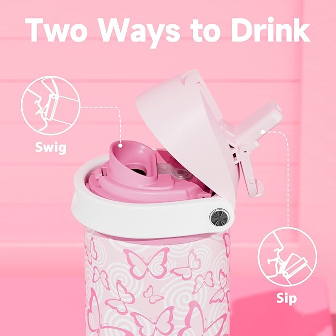 24 oz Insulated Water Bottle with Straw: Meoky Stainless Steel Metal Water Bottle with 2-in-1 Lid - Leak Proof, Cold for 24 Hours, Protective Silicone Base, BPA-Free for Sports Travel Car, Butterfly