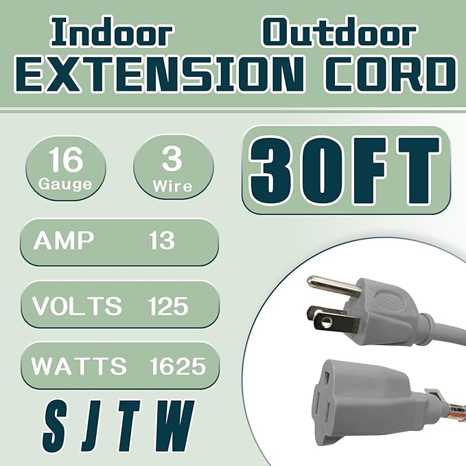 Indoor Outdoor Extension Cord 30 FT, 16/3 SJTW Weatherproof Grey Electrical Cords, 13 AMP Heavy Duty 3 Prong Power Cable Great for Garden, Landscaping & Holiday Decorations