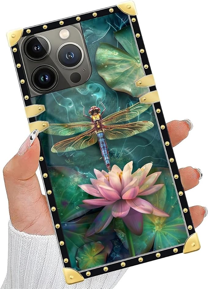 Compatible with iPhone 15 Pro Max Case, Colourful Dragonfly Pink Lily Pads Luxury Golden Decoration for Girl Women Soft TPU Shockproof Protective Hard PC Back for iPhone 15 Pro Max
