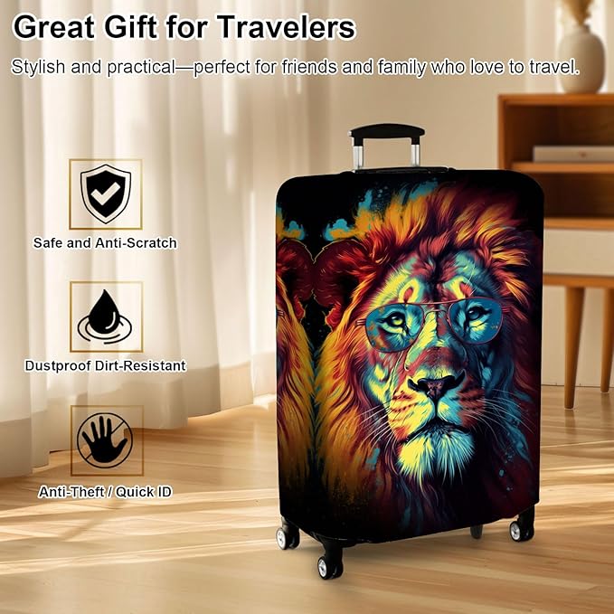 Luggage Cover Protector for 22-24 Inch Suitcases, TSA Approved Elastic Travel Suitcase Covers, Anti-Scratch Washable Luggage Sleeve for Carry On & Checked Bags, Lion With Glasses