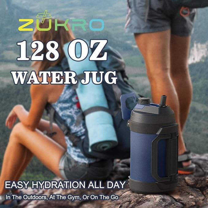 Zukro 1 Gallon Water Jug, One Gallon Large Triple Wall Insulated Metal Jug With Straw and Spout, No Sweat 128 oz Stainless Steel Sport Water Bottle Keeps Cold 48 Hours for Outdoors, Navy Blue